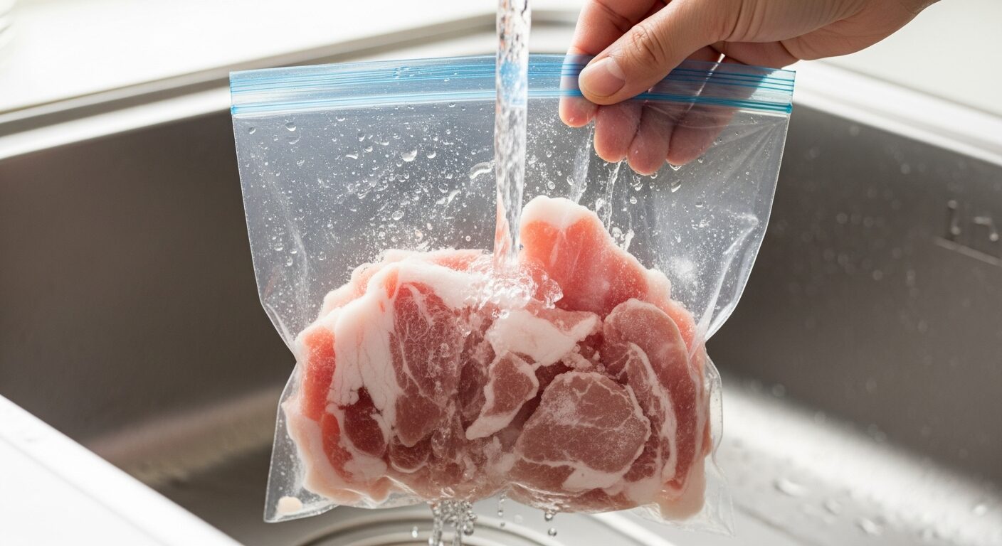 ビニール袋に入れた冷凍肉を流水で解凍している様子