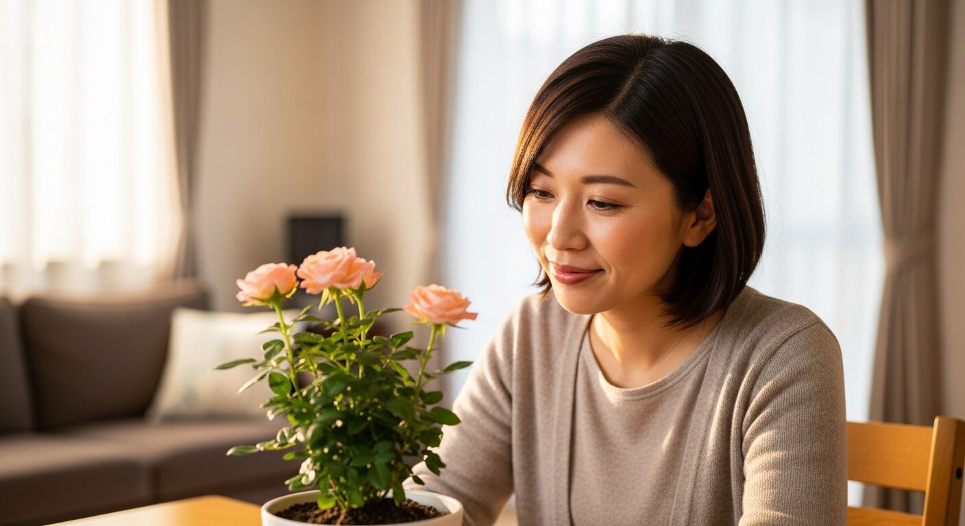 届いた花鉢のバラを見つめ、ほっとした表情で微笑むお母さん