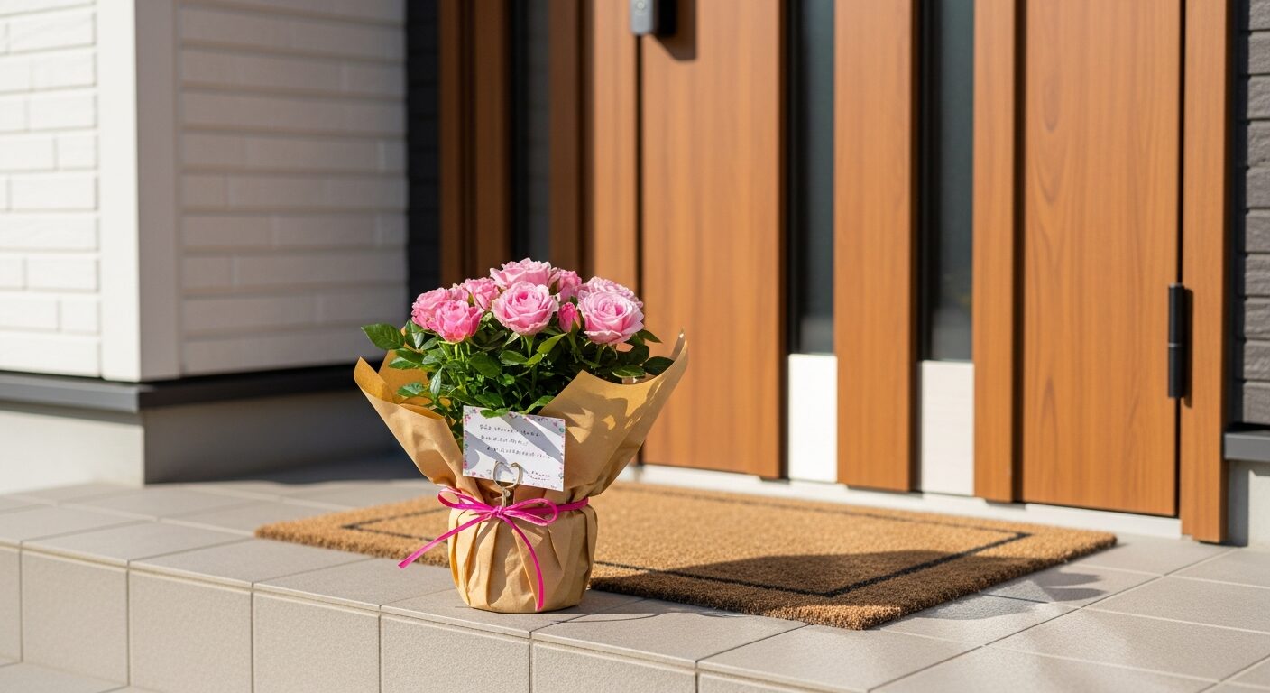玄関のドアマットの上に、サプライズで届けられた母の日のバラの花鉢