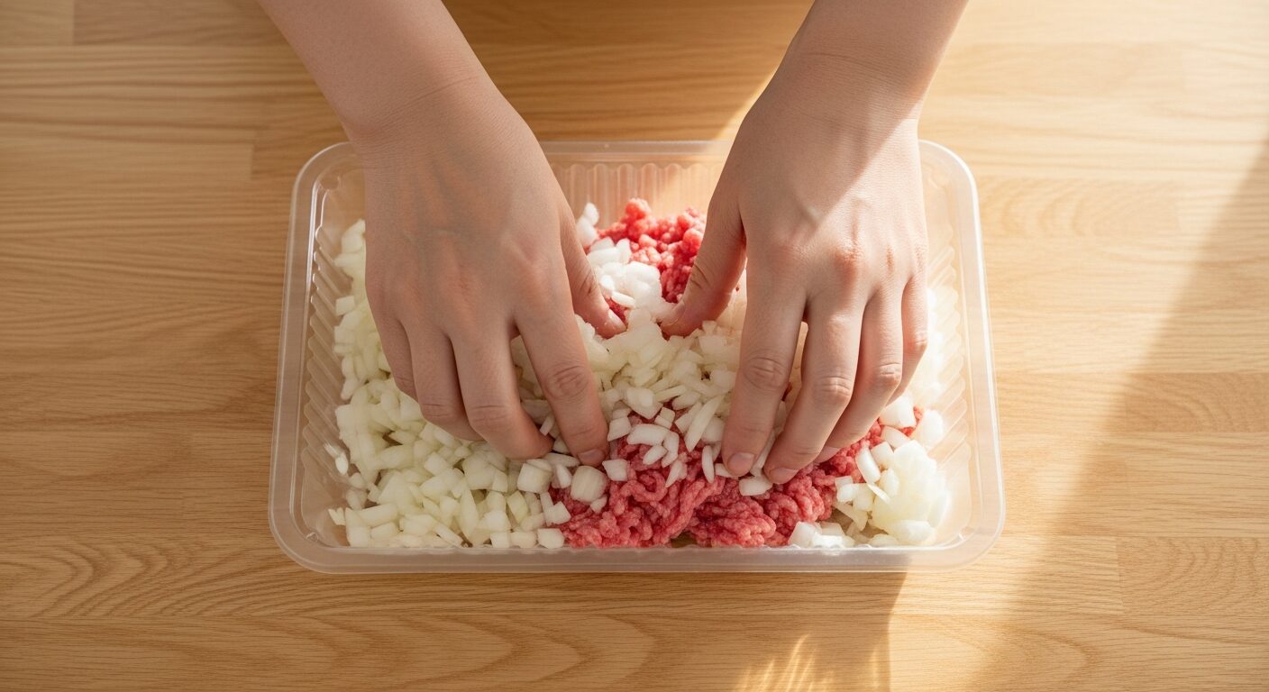 お肉のトレーの上で、玉ねぎのみじん切りと挽き肉を混ぜている様子